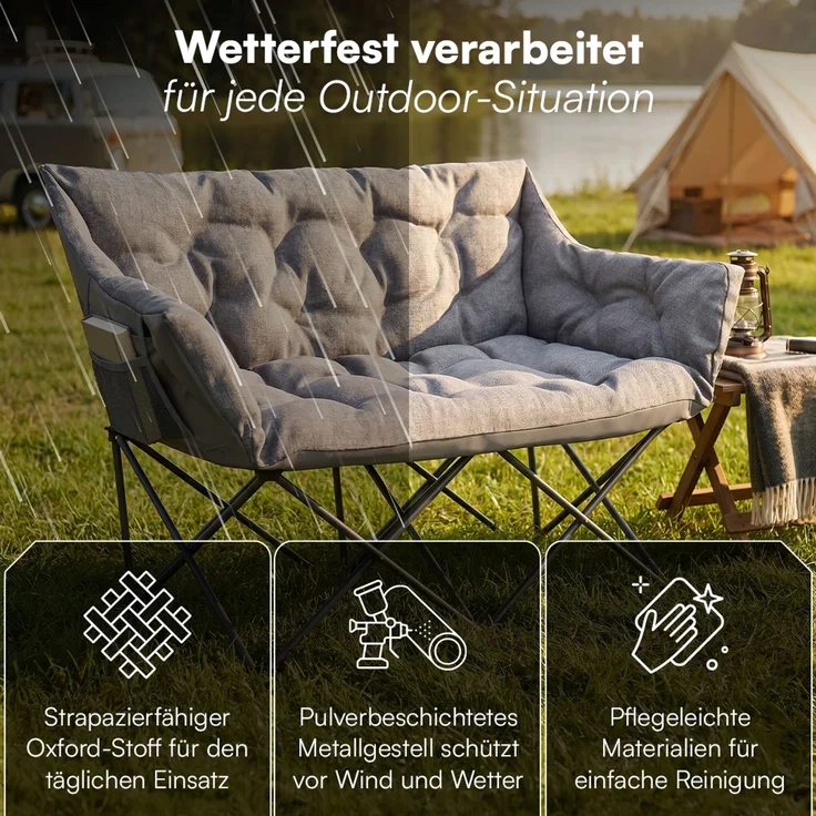 STEELSØN 'Hoggar' Campingbank für 2 Personen, grau, XXL Klappstuhl, bis 320 kg, gepolsterte Campingbank mit 2 Seitentaschen – Bild 7
