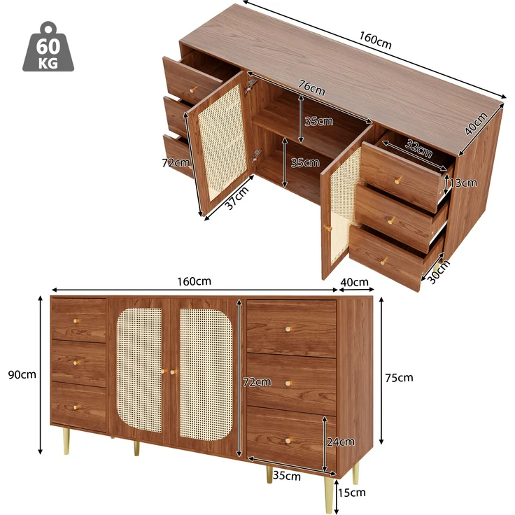 Sideboard Holzoptik, 160x40x90 cm mit Rattantüren & 6 Schubladen – Bild 10