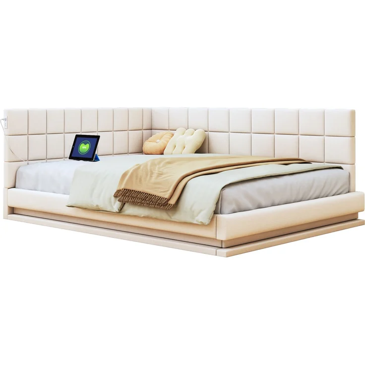 Polster Schlafsofa mit LED-Beleuchtung & USB-Ladefunktion, wandelbar,stabiler Lattenrost,bis 250kg belastbar,Beige – Bild 7