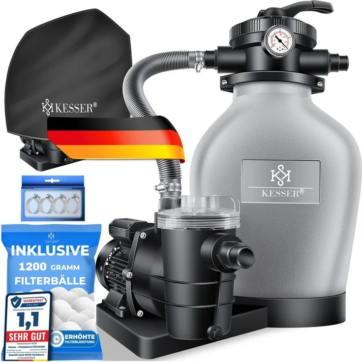 KESSER Sandfilteranlage 600W Sandfilter für Pools 13200L/h Durchfluss Poolfilter 7-Wege Ventil (Filteranlage mit Pumpe, 1200g Filterbälle Druckmanometer, Abdeckung), Tankvolumen für bis 30kg Sand Professionelle Poolwasserfilterung