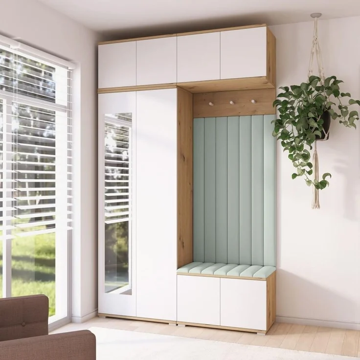 Garderoben-Set Aura Version 9: Kleiderschrank mit Polsterpaneelen, Schuhschrank Flur und Eingangsbereich (weiß/Artisan-Eiche /Trinity 21), 225 x 40 x 140 cm – Bild 3