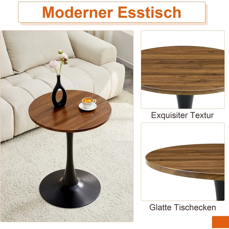Beistelltisch-Set Ø 60x72 cm mit 2 Stühlen – runder Tisch aus MDF und Metall, PU in Hellgrau/Schwarz/Walnuss – Bild 8