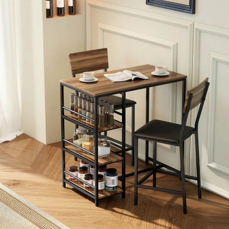 MELAYR, Bartisch-Set mit 2 Hockern, Hoher Küchentisch und 2 gepolsterte Barhocker, Walnuss, 109 x 57 x 24 cm, Nussbaum – Bild 3