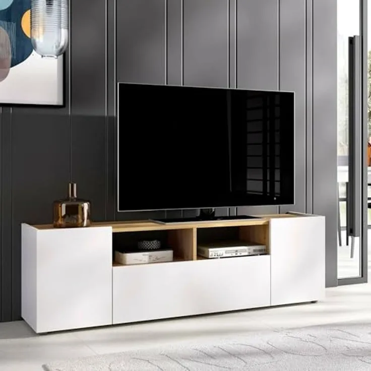 Dmora - TV-Schrank Etna, niedriges Sideboard für Wohnzimmer, TV-Sideboard für Wohnzimmer, 142x35h44 cm, Weiß und Eiche Nodi