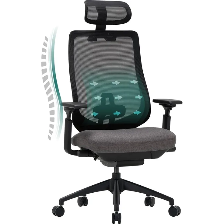COLAMY Ergonomischer Mesh-Bürostuhl, Chefsessel mit hoher Rückenlehne, Verstellbarer Kopfstütze und 4D-Armlehnen, Schiebesitz, Kippsperre, Dunkelgrau