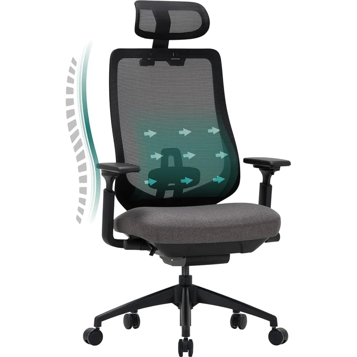 COLAMY Ergonomischer Mesh-Bürostuhl, Chefsessel mit hoher Rückenlehne, Verstellbarer Kopfstütze und 4D-Armlehnen, Schiebesitz, Kippsperre, Dunkelgrau – Bild 1