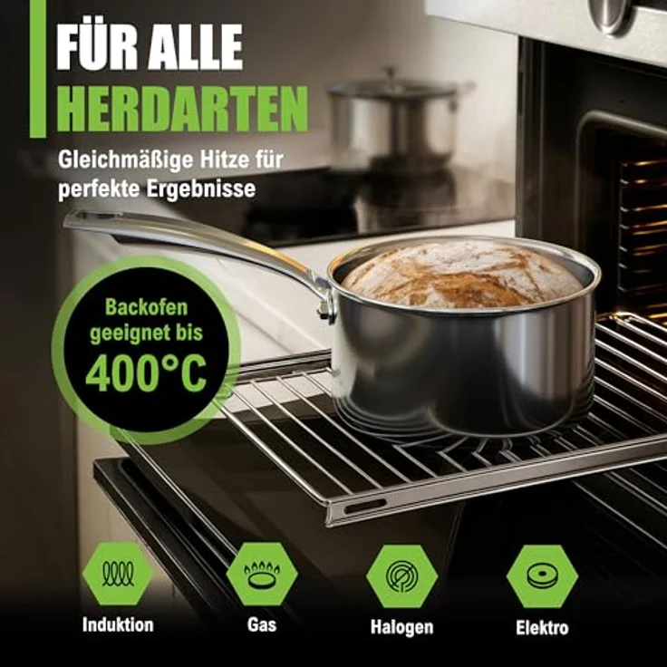 Morleos Kochtopf Ø 20 cm 3 Liter Edelstahl Suppentopf + flachem Glasdeckel, 18/10 Edelstahl (moderner flacher Glasdeckel mit Dampfloch, XSteel), induktionsfähig bis 400 °C – Bild 5
