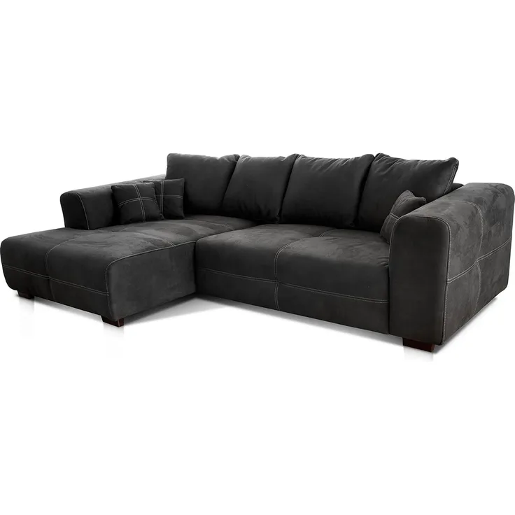 Cavadore Ecksofa Mavericco / XXL Eckcouch Inkl. Rückenkissen und Zierkissen / Longchair links / Industrial Style / 285 x 69 x 170 (BxHxT) / Mikrofaser Schwarz