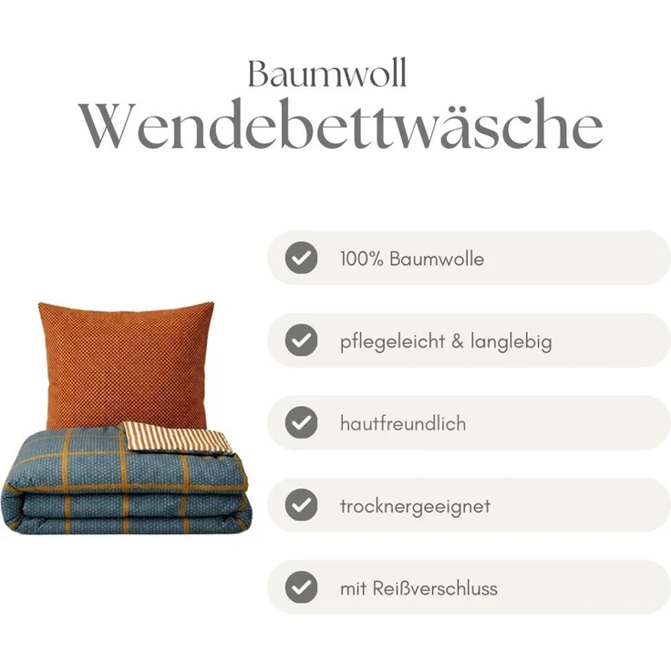 Renforce Bettwäsche mit Reißverschluss - Wendebettwäsche aus 100% Baumwolle, Karo- und Linienmuster 240x220 cm + 2 x 80 x 80 cm – Bild 4