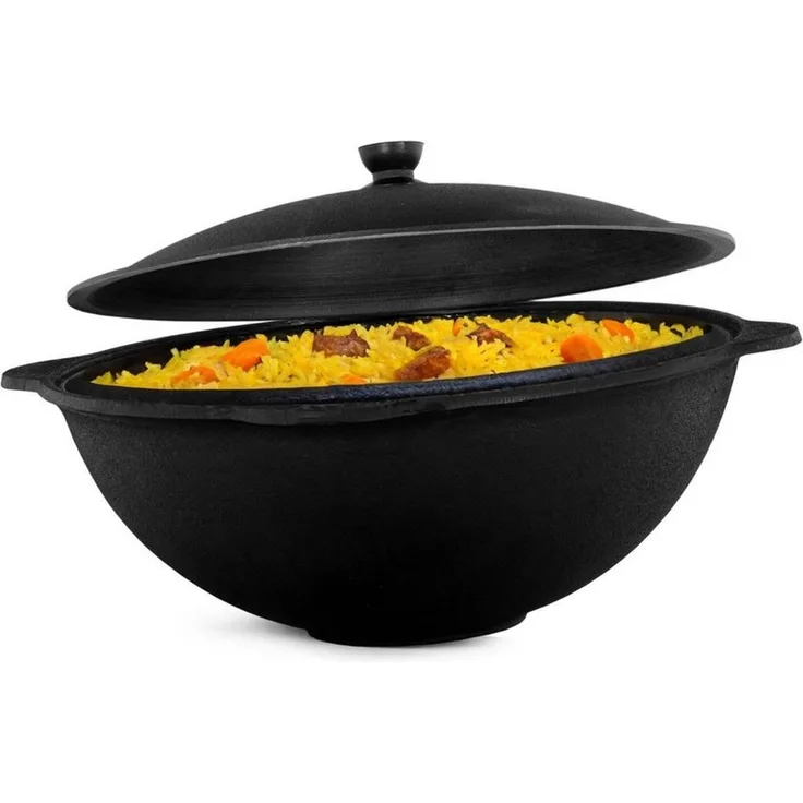 BIG-PAN Schmortopf Kasan Gusseisen 10L mit Aluminium Deckel Usbekisch, (Lagan handbemalt, Schaumkelle Edelstahl), Cast Iron Kessel Usbek Asia Topf