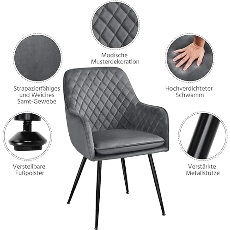 Yaheetech Esszimmerstühle 2er Set Küchenstühle, Polsterstühle mit Armlehnen Metallbeine, Seesel aus Samtstoff für Arbeitszimmer/Wohnzimmer, Hellgrau – Bild 9
