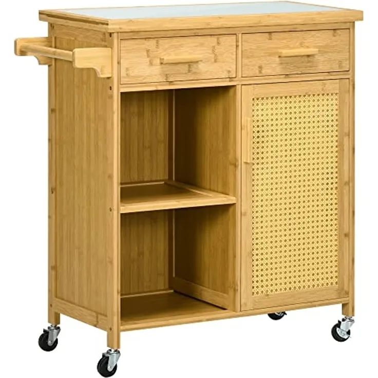 HOMCOM Servierwagen Küchenwagen mit Schublade, Schrank, Ebenen, Handtuchhalter, (Aufbewahrungswagen, 1 St, Rollwagen), Natur, 84 x 36 x 85 cm