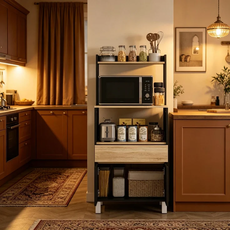 ZUBALIYA Küchen‑Buffet Mikrowellenschrank mit Schrank, mit praktischer Küchenaufbewahrungsschrank für Haushalt und mikrowellenmöbel, 60.00 x 40.00 x 131.00 cm, mit Schubladen, Samt, Schwarz – Bild 8