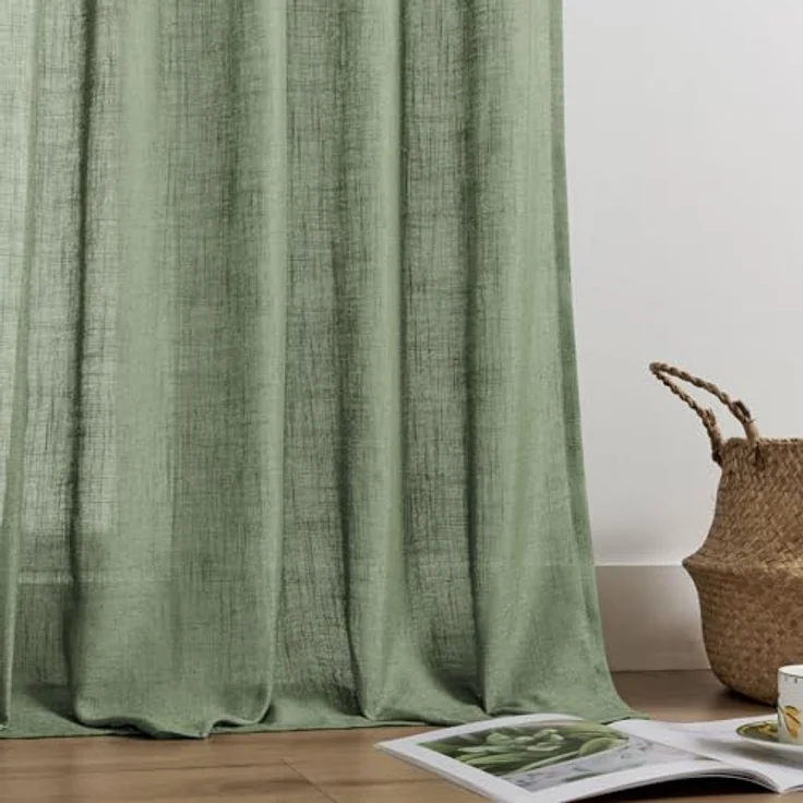 Joydeco Leinen-Vorhänge für Wohnzimmer, 183 cm Länge, 2 Paneele, halbtransparente Vorhänge, 183 cm lang, Quetschplissieren, Lange Fenstervorhänge und Vorhänge (B 132 x L 183 cm, Loden) – Bild 4