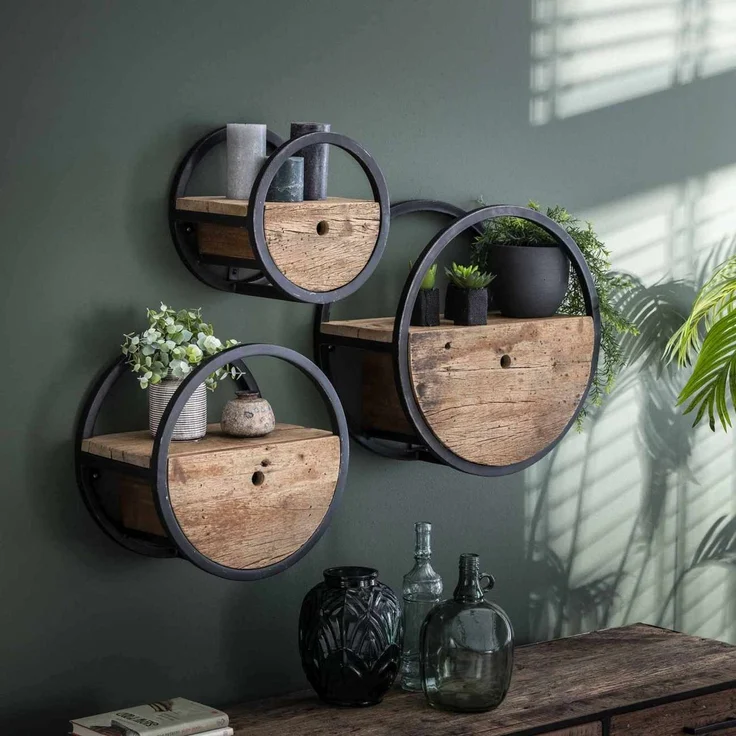 Wandregal Ronde Hartholz massiv, rundes Design mit Schublade, Natur, Ø 40 cm, nachhaltig – Bild 4