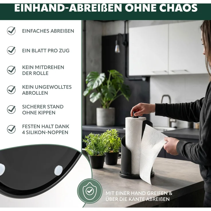 eluno Küchenrollenhalter bis 28 cm oder 3 Toilettenpapierrollen aus Edelstahl und Metall, schwarz, ca. Ø 15,5 x 31 cm – Bild 3