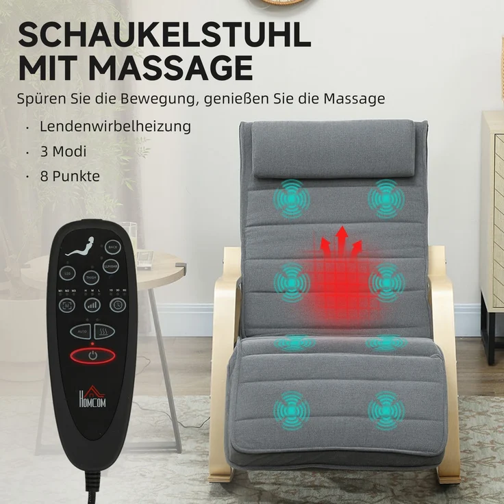 Schaukelstuhl mit Massage-Funktion, Lendenheizung, 3 Modi, Stoffbezug, Grau--Grau--106x67x92cm--YOUDENOVA – Bild 6
