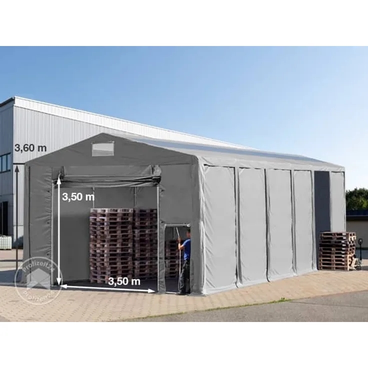Lagerzelt 8x12 m Zelthalle Industriezelt mit Oberlicht 3,6m Seitenhöhe PVC Plane 850 N grau 100% wasserdicht mit Hochziehtor