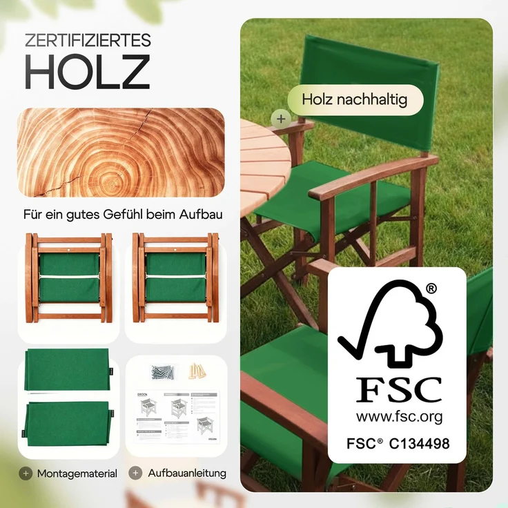 CASARIA® 2er Set Regiestuhl aus FSC® Eukalyptusholz Grün – Bild 6