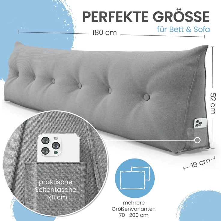 ELONEO Rückenkissen Bett- und Rückenstützkissen >Grau< 180cm – Bild 2
