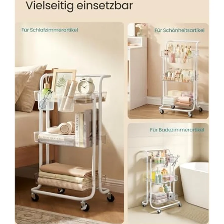 SONGMICS Rollwagen, 3 Ebenen, Servierwagen, Küchenwagen mit Griff, 2 kleine Einhängefächer, 2 Bremsen, Ablagefächer aus Kunststoff, einfacher Aufbau, Schlafzimmer, weiß-transparent BSC067W03 – Bild 6