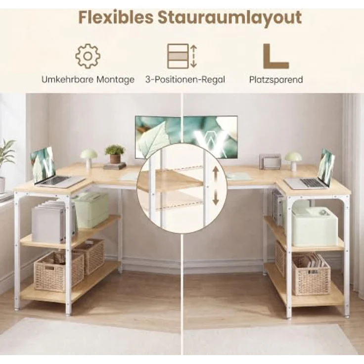 VASAGLE Eckschreibtisch in L-Form, Computertisch, 120 x 80 cm | mit Stauraum, höhenverstellbare Ablage, beidseitig montierbar, Natürliche Eiche und Mattweiss, BARNET Kollektion LWD136Y101 – Bild 6