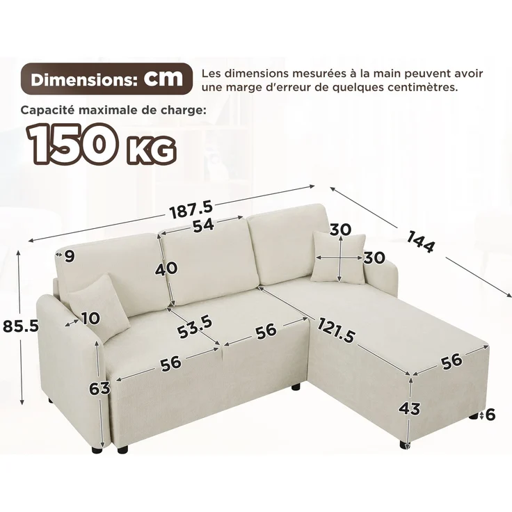 EINHOM L-Form Ecksofa 3-Sitzer mit langer Liegefläche (144 cm), hochwertiger Chenille-Bezug, hoher Sitzkomfort durch Hochdichteschaum, bis 150 kg Tragkraft inklusive 2 Kissen für Wohnung & Studentenwohnheim – Bild 2