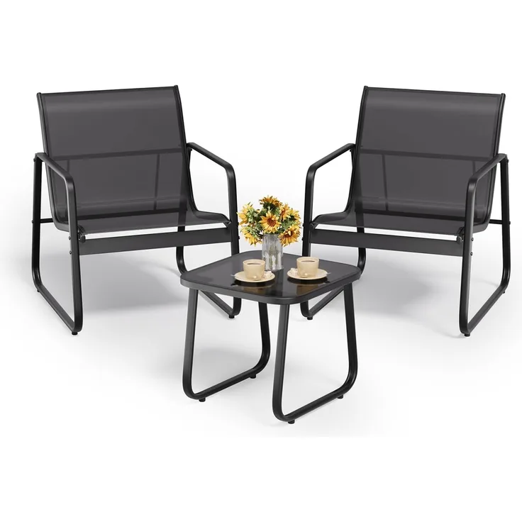 Bealife 3-teiliges Balkon-Set, 3-teiliges Bistro-Set aus Textilene-Stoff, 2 Sessel und 1 Tisch aus gehärtetem Glas, für Garten, Terrasse, Balkon