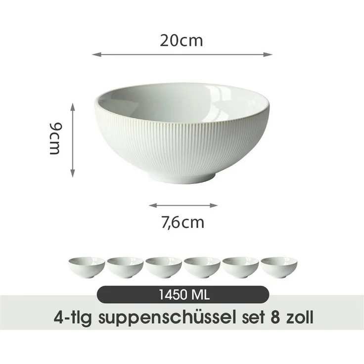 JIWOO Suppenschüssel 6er Ø20cm Salatschüssel Servierschüssel Müslischüssel Obstschüssel, Keramik, (Set, 6-tlg), Keramik Hochwertiges Schüsselset WeiB Mikrowellen spülmaschinenfest – Bild 1