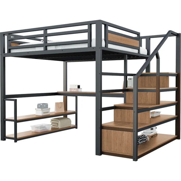 Metall-Hochbett mit Aufbewahrungsleiter,Regalen und Tisch Sicherheitszaun-Design mit gespleißten Metallplanken Hohes Eisenrahmenbett mit Metallrahmen für stabile Unterstützung,Metall,Schwarz,140 x 200 cm – Bild 7