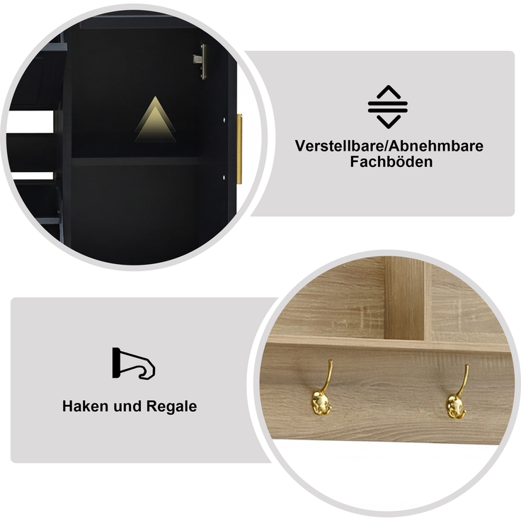 Garderoben-Set 139,5x35x166 cm in Natur/Schwarz mit Schuhschrank, Bank, Paneel, Spiegel – Bild 8