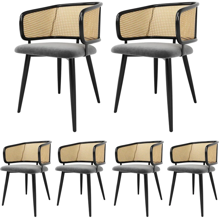 6 Esszimmerstühle mit Rattan-Rückenlehne & Samtkissen, 47x47x79 cm, Grau – Bild 4