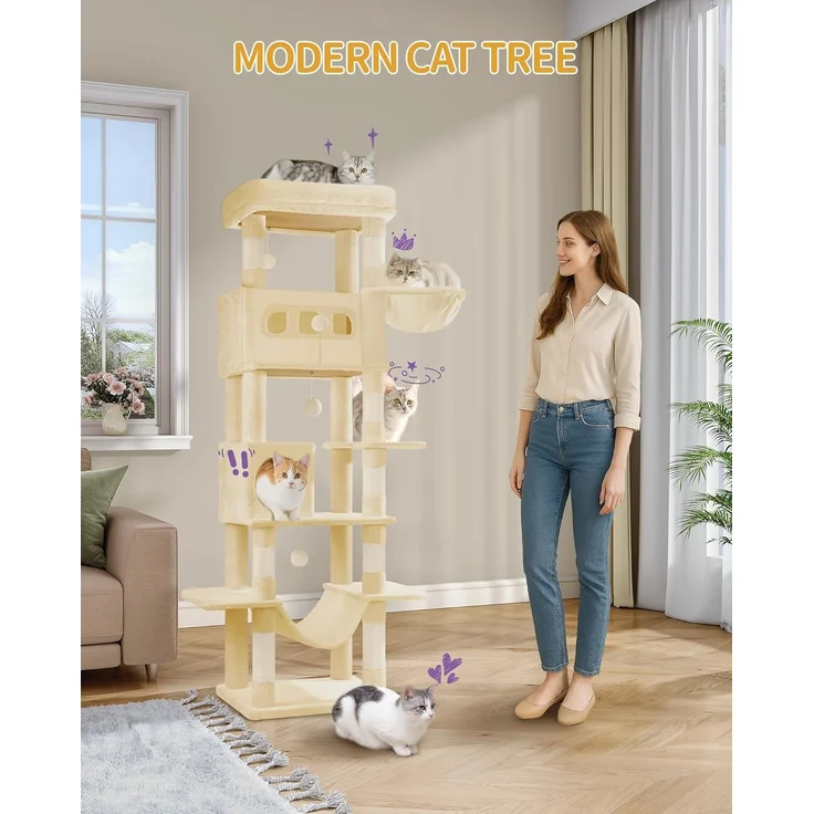 Kratzbaum groß, 170 cm hoch, Katzenbaum, mit 8 Kratzbäume, 2 Höhlen, groß Plattformen, Waschbare Matte, Hängematte, Plüschbälle, mehrstöckiger katzenkratzbaum, Beige – Bild 2