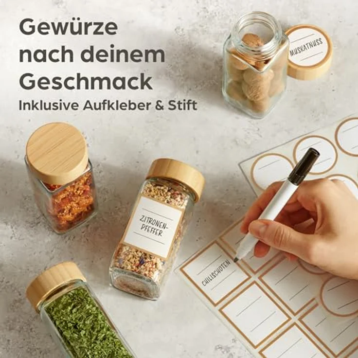 Praknu Gewürzstreuer Gewürzgläser Eckig mit Bambusdeckel - 12er Set - Gewürz Organizer, (12-tlg), 120 ml Gewürz Organizer - Gewürzdosen - Gewürzgläser - Gewürzbehälter – Bild 3