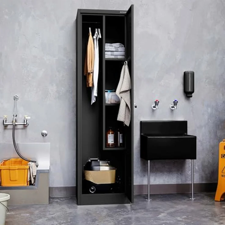 Jan Nowak Besenschrank Haushaltsschrank Metall - Agnes | 50 x 185 x 50 cm | Mehrzweckschrank Weiß mit Regale und Kleiderstange | Schloss, Belüftung | Putzschrank Schmal 50 cm Breit | Schwarz – Bild 8