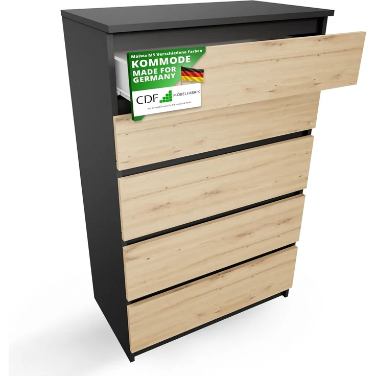CDF Kommode Malwa M5 | Farbe: Anthrazit - Eiche Artisan | Schrank für Dokumente, Kleinigkeiten | Ideal für Wohnzimmer, Schlafzimmer, Kinderzimmer, Jugendzimmer und Büro | 5 geräumige Schubladen – Bild 1