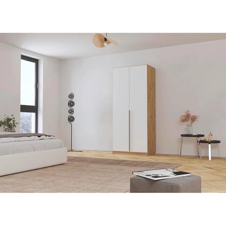Rauch Möbel Alabama, Kleiderschrank, Garderobe, 2-türig, Zubehör Premium, 1 Kleiderstange, 2 Einlegeböden, Schubladeneinsatz, Farbe Weiß/Eiche Artisan, Holz, Griff Grau metallic, 91 x 210 x 54 cm – Bild 2