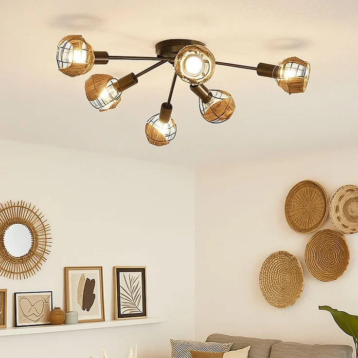 Deckenleuchte, schwarz, braun, Grasgeflecht, D 67 cm – Bild 4