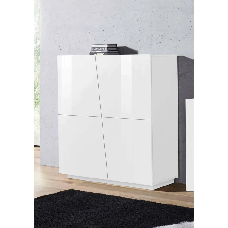 Dmora - Kommode Pavel, 4-türiges Küchen-Sideboard, Wohnzimmer-Buffet, 100 % Made in Italy, 120 x 43 x 126 cm, glänzendes Weiß, – Bild 1