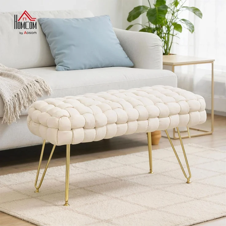 HOMCOM Fußhocker mit Samtoptik, gepolstertem Sitz, Metallbeine, Fußstütze (Sitzhocker, 1 St, Polsterhocker), für Wohnzimmer, Schlafzimmer, 76 x 38 x 41,5 cm, Cremeweiß – Bild 3