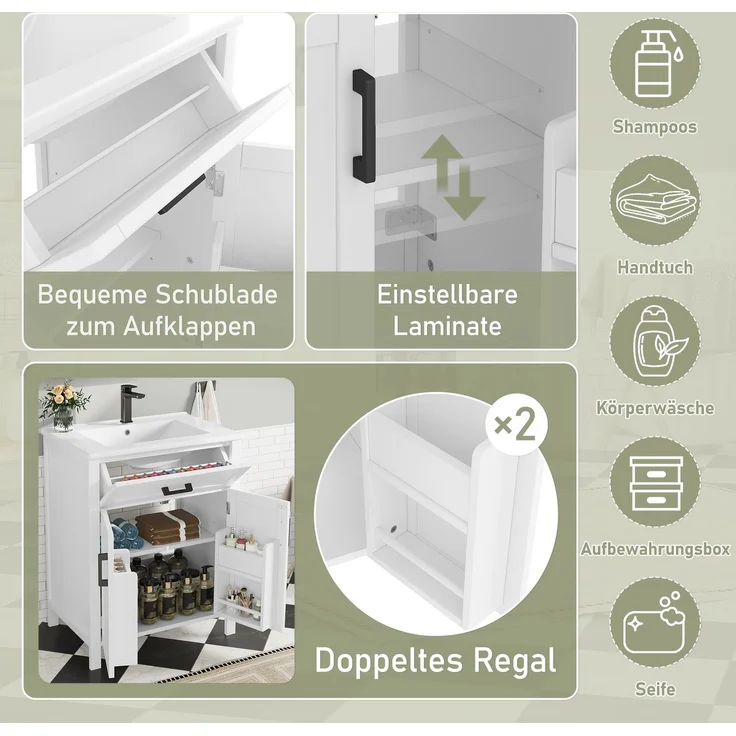 60 x 46 x 84,8 cm Bodenstehender Badezimmerschrank mit Waschbecken,Waschtisch,Volllackierung, Doppeltürregale, praktische Schubladen, verstellbare Regale, integriertes Keramikwaschbecken,weiß – Bild 7