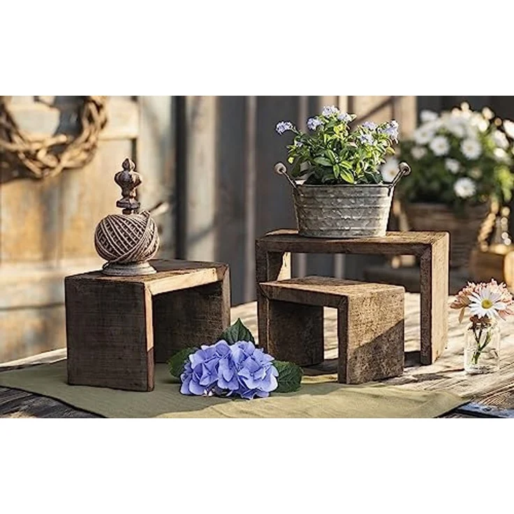 3x Dekobank "Rustikal" aus recyceltem Holz im Used Look, Blumenhocker, Blumenständer, Pflanzenständer – Bild 2