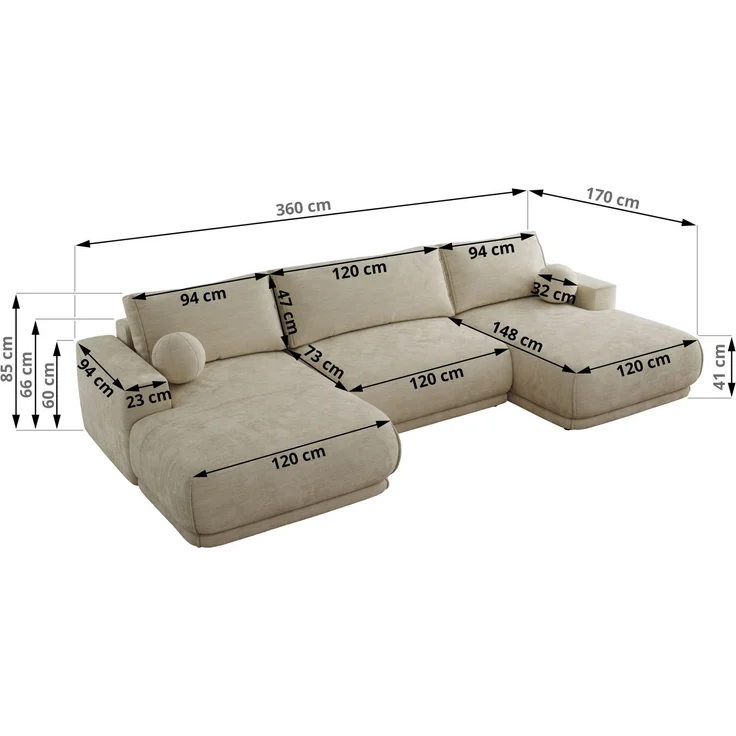 XXL Wohnlandschaft RINA U-Form 360 cm breit, Sofa mit Schlaffunktion & DL-Mechanismus, Wellenfederung, modern freistehend - Beige Schenille glatt – Bild 7