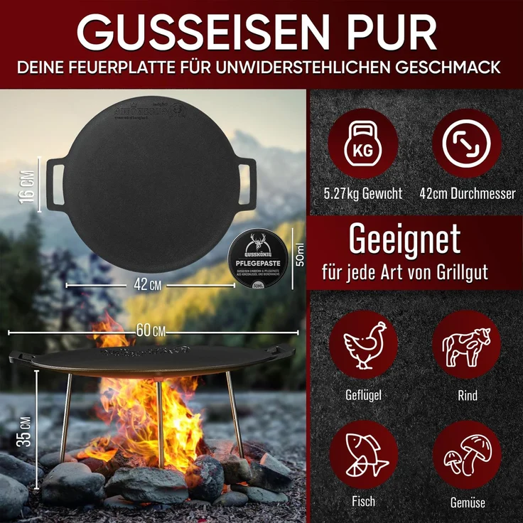 GUSSKÖNIG Gusseisen Grillplatte Ø42cm mit 3 Edelstahl Beinen Pflegepaste – Bild 2