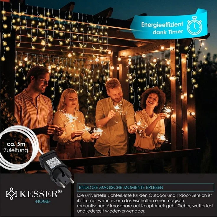 KESSER® LED Lichterkette inkl. Fernbedienung mit 8 Modi & Timer, Lichtervorhang mit mini LED´s Warmweiß, 400 LED's – Bild 3