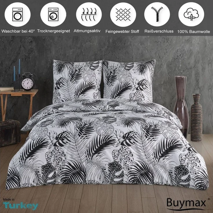 Buymax Bettwäsche Bettbezug-Set Exotic 100% Baumwolle, Baumwolle, 4 teilig, 135x200 cm Renforce mit Reißverschluss Weiß Schwarz Monstera Blätter – Bild 2