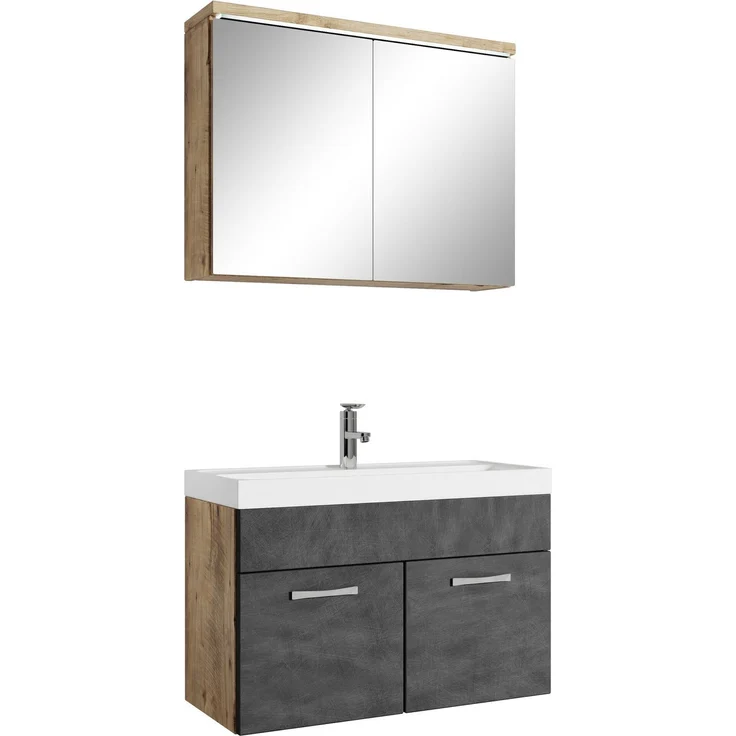 Badplaats Badmöbel Komplettset Paso 02 80 x 40 cm Kastanien Eiche mit Dunkel Grau - Badezimmermöbel mit Waschbecken und Spiegelschrank – Bild 1