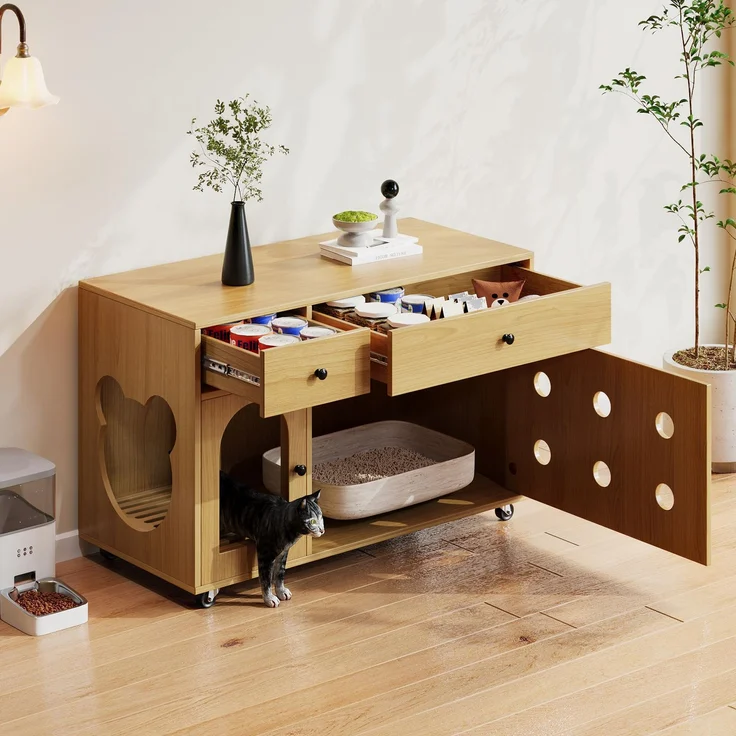 Katzenkloschrank (bewegliche Katzentoilette) – Katzenschrank/Katzenhaus mit abnehmbare Sandablassplatte, geruchsisoliert, ohne Katzenklo, 100×45×66 cm (Naturholzfarbe, Gelbmaplefarbe) – Bild 5