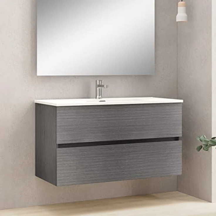 Baikal Badezimmerschrank, Zwei Schubladen, Wandmontage, mit Waschbecken, Melamin 16, montiert, Möbel 90 cm, Asche mit Spiegel Mond – Bild 4