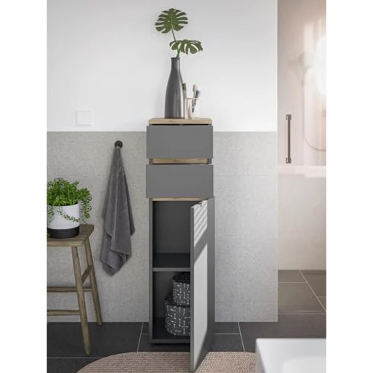 moebel-dich-auf Badkommode LONDRES (Badezimmerschrank Badschrank, mit 1 Tür und 2 Schubkästen, BxH 30x108 cm), in kaschmir oder anthrazit, Absetzung: Cremona Eiche – Bild 5